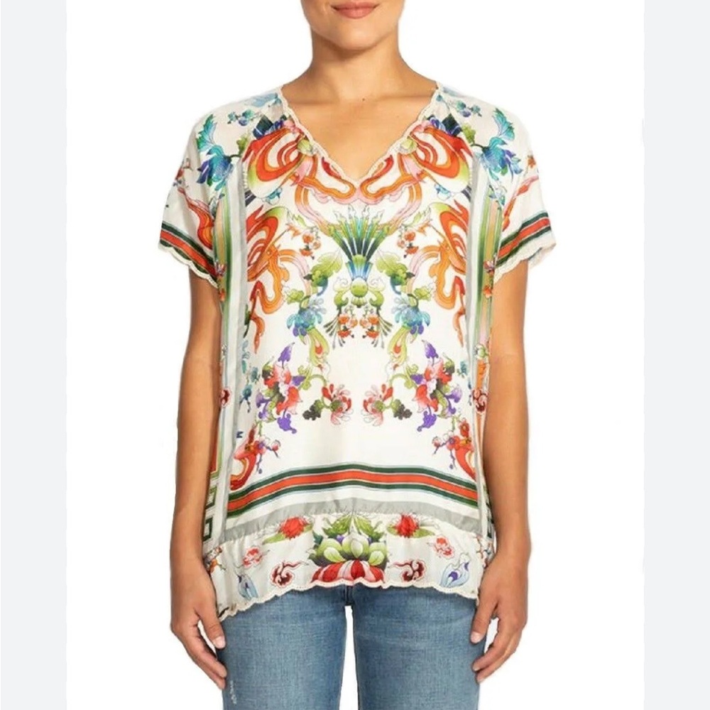 Johnny Was Floral Print V-Neck Short Sleeve Silk Blouse Crochet Trim Size Small